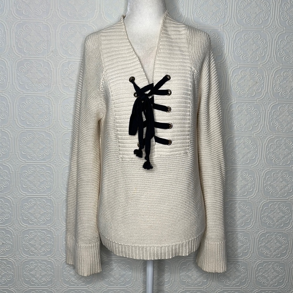 Marled Reunited Clothing | Cream Knit Pull Over Bell Sleeves Blue Lace U…